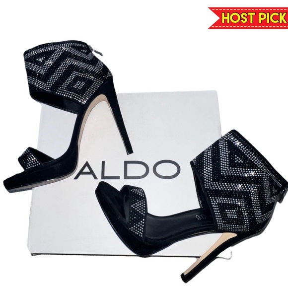 𝐀𝐋𝐃𝐎LEATHER GIVENS RHINESTONE OPEN TOED HEELS